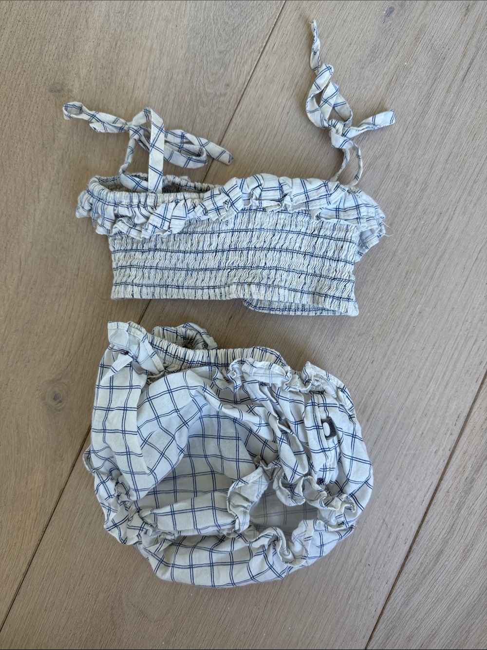 Oeuf Cream & Blue Plaid Smocked Two-Piece Set